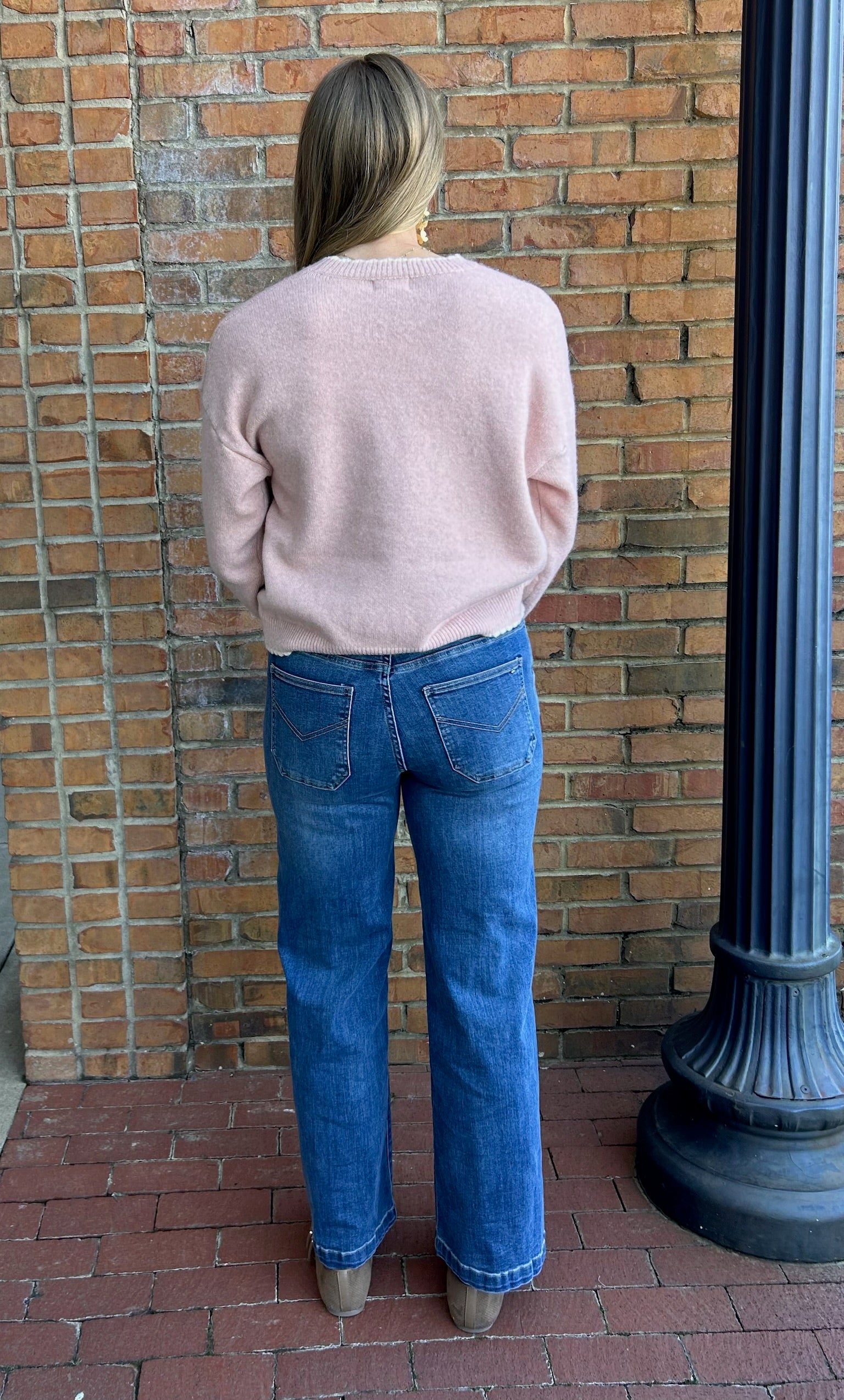 Pink and White Scallop Trim Sweater