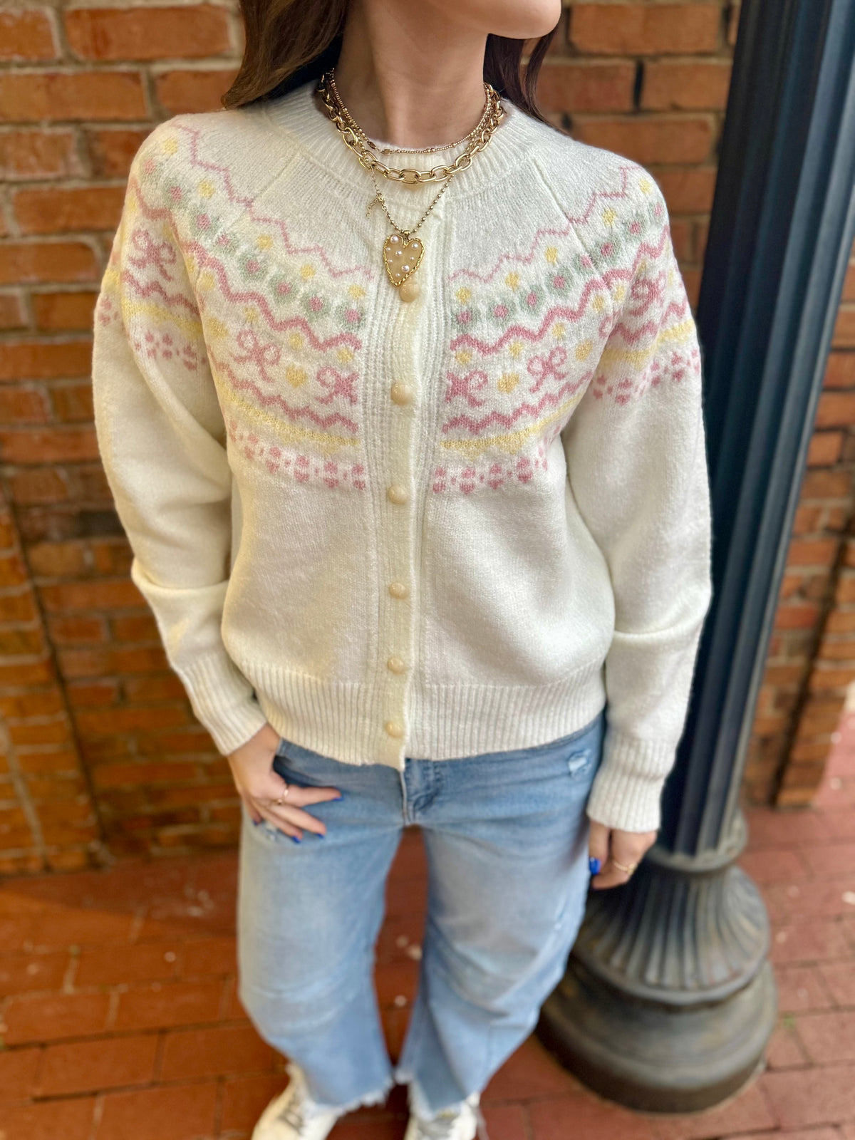 Cream Heart and Bow Button up Sweater