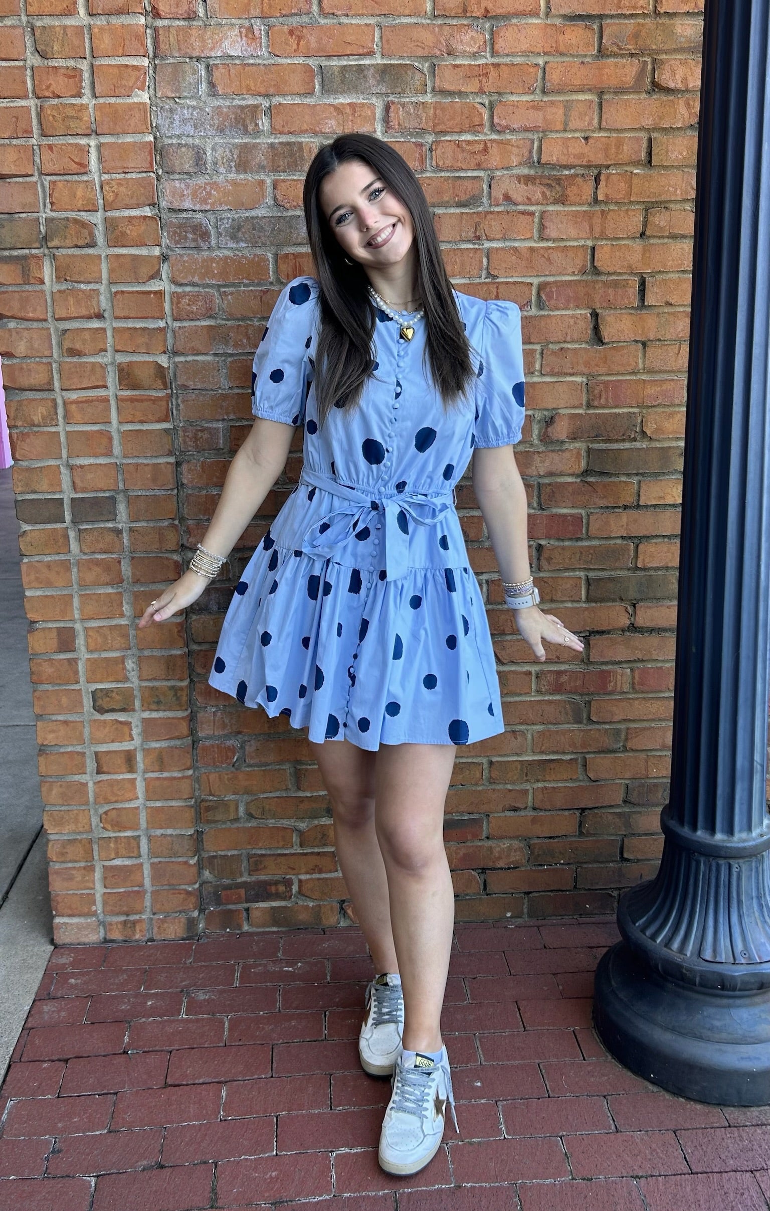 Polka Dot Print Button Down Puff Sleeve Dress