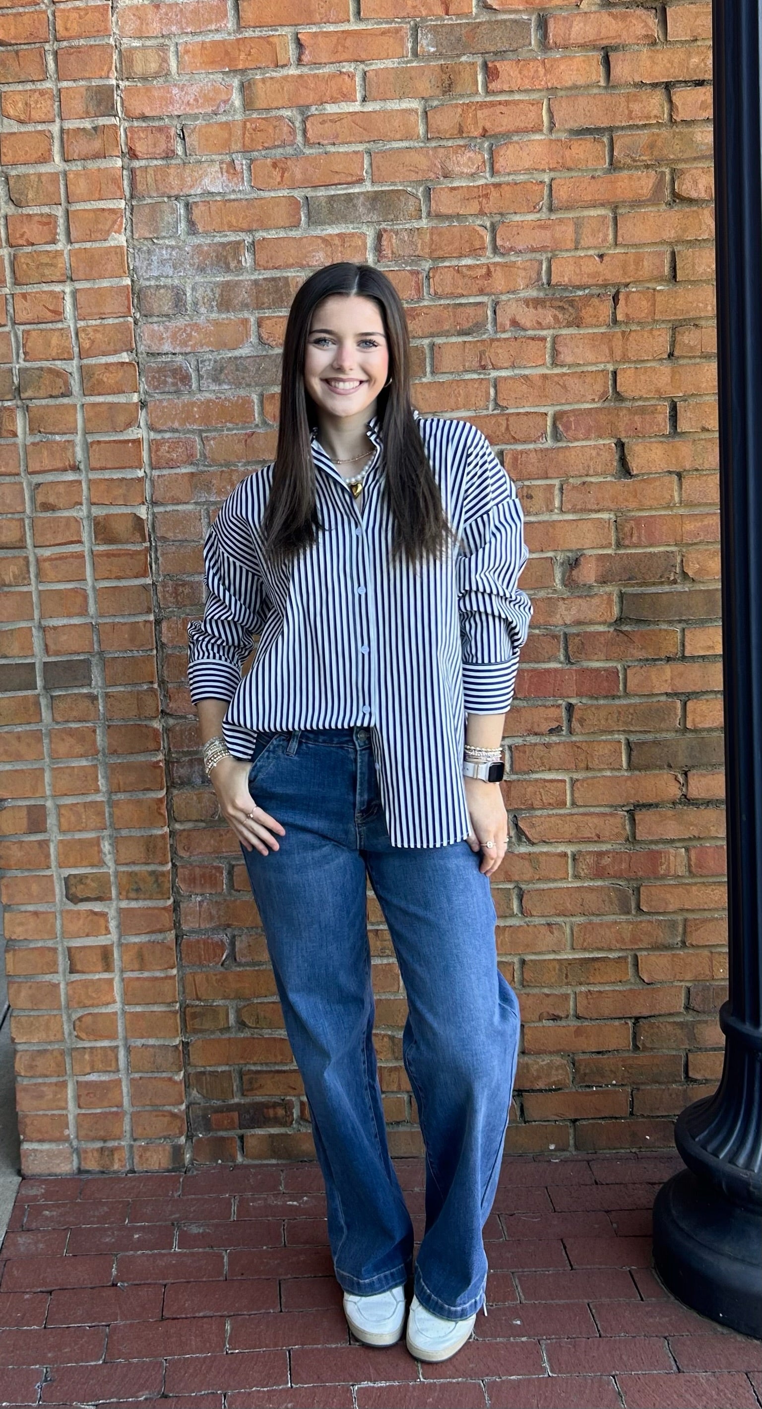 Striped navy poplin button up