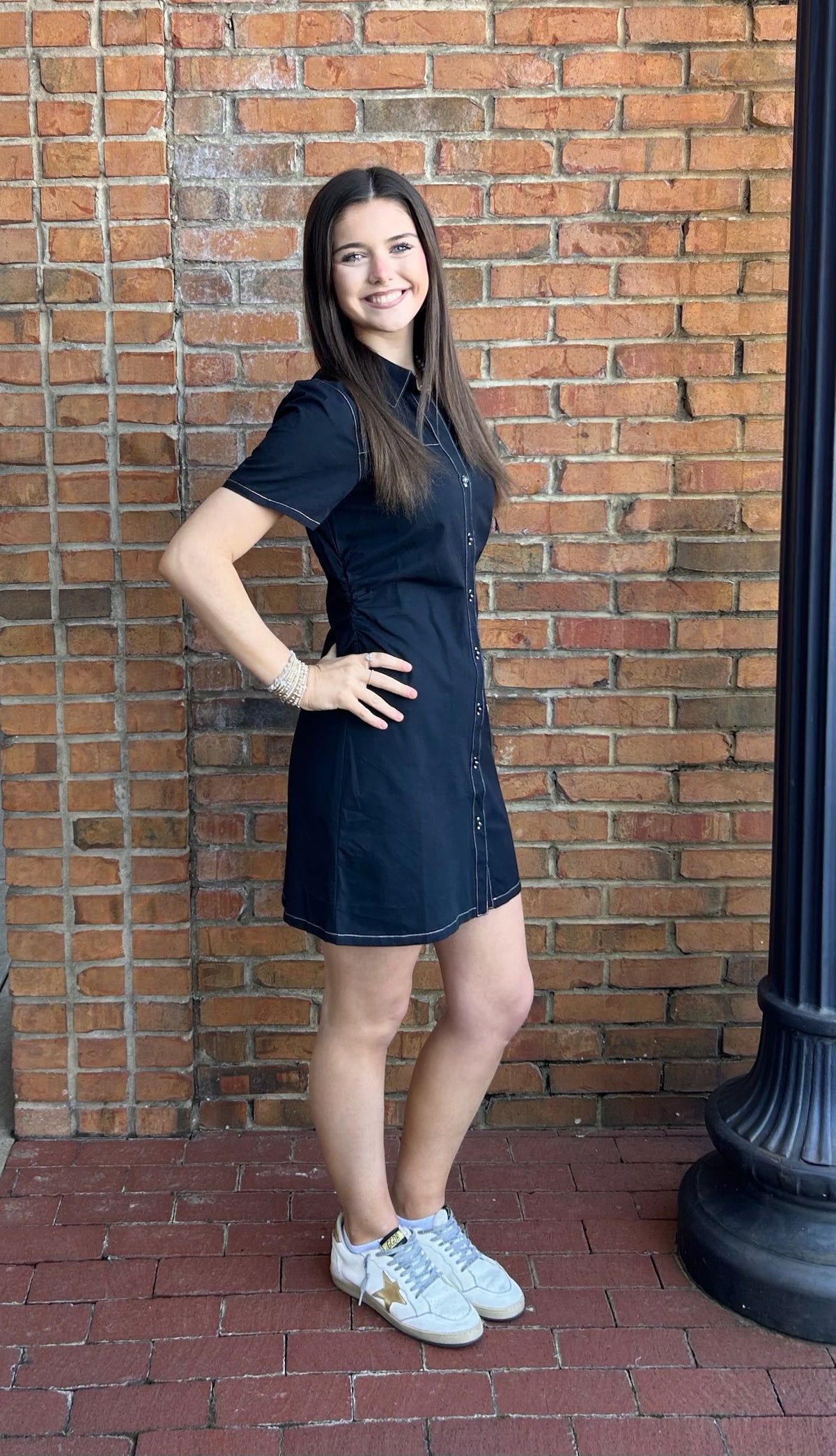 Black gathered waist short dress