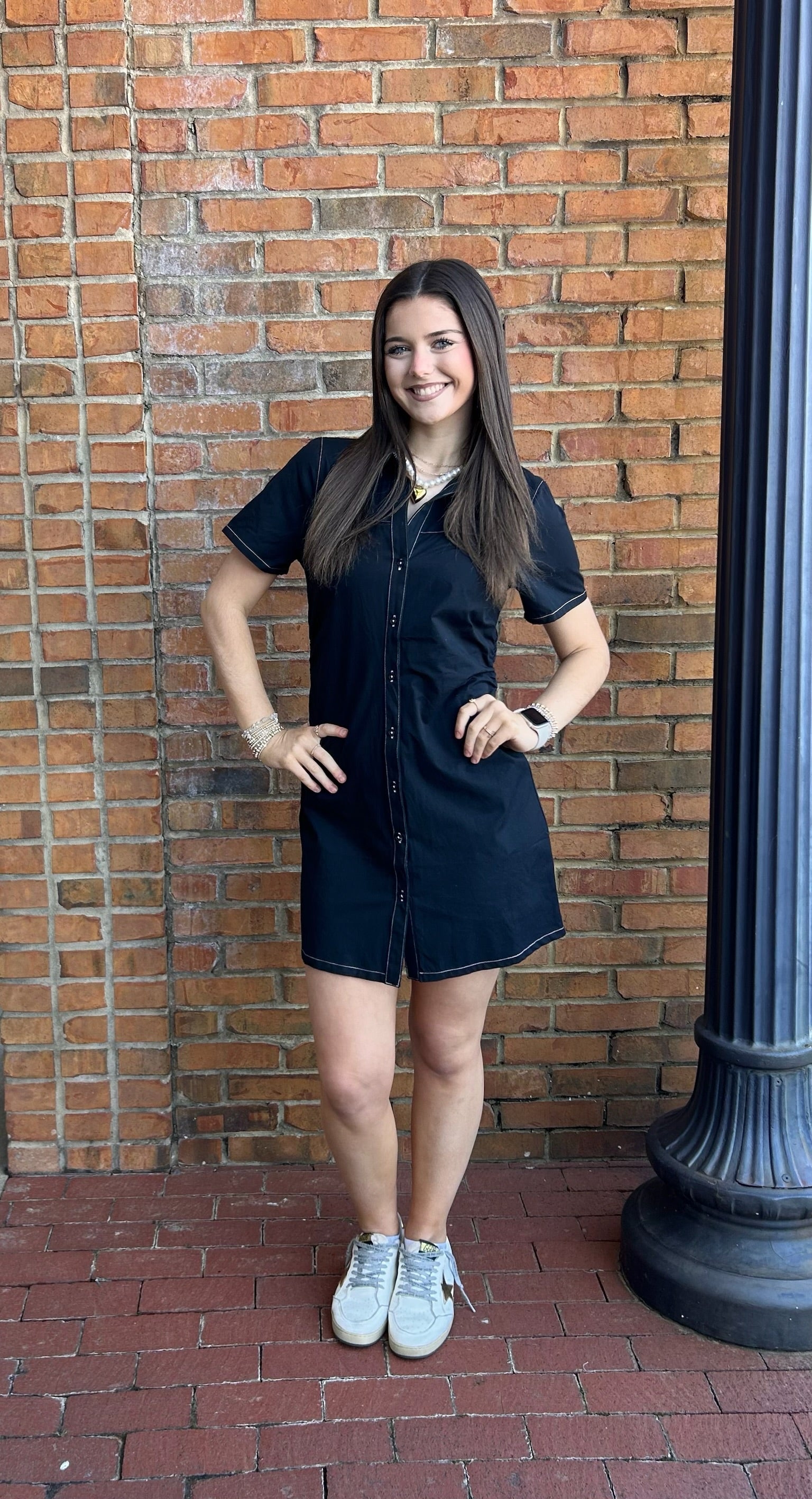 Black gathered waist short dress