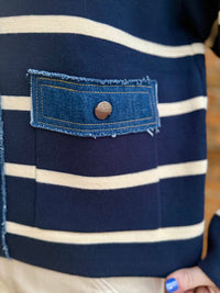 Navy and white stripe w denim details