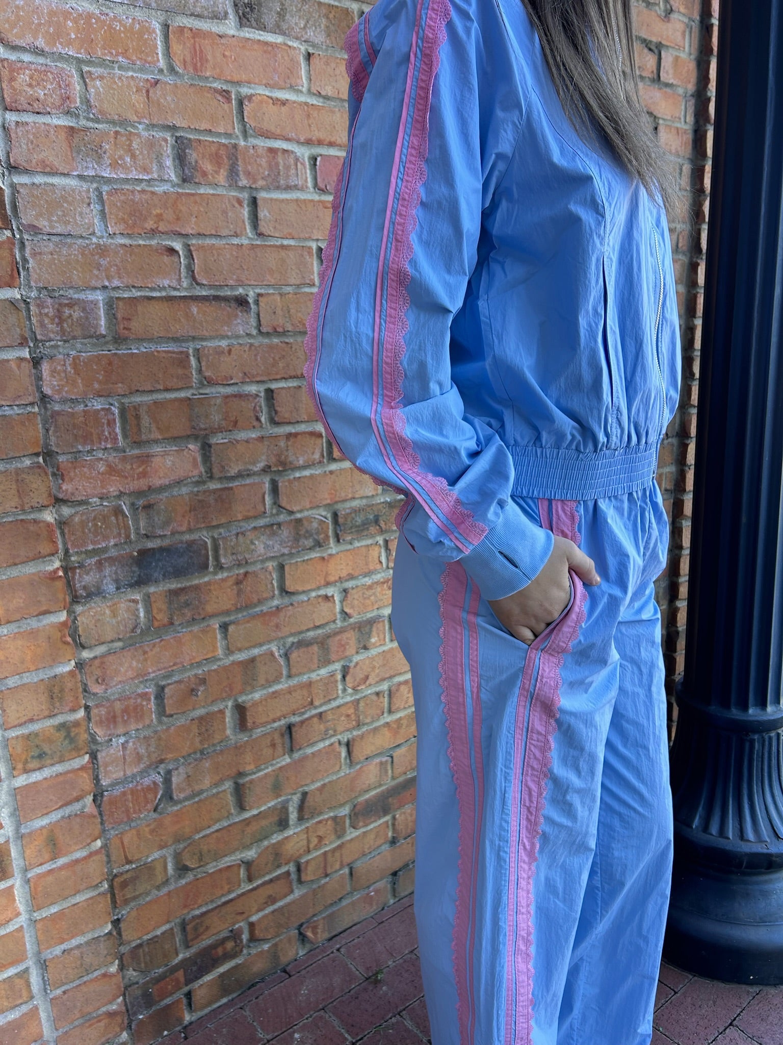 Track pants with lace detail-sky blue