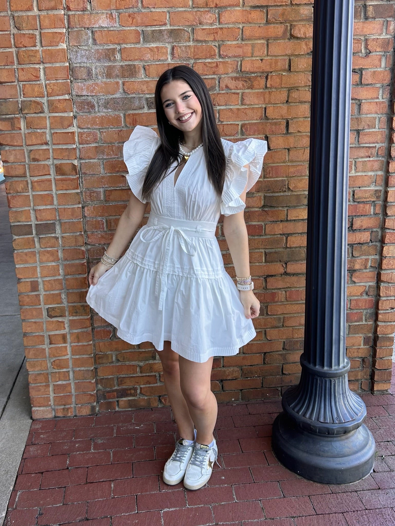 Flutter sleeve peplum poplin mini dress-white