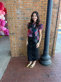 Black Faux Leather Skirt with Gold Button Detail