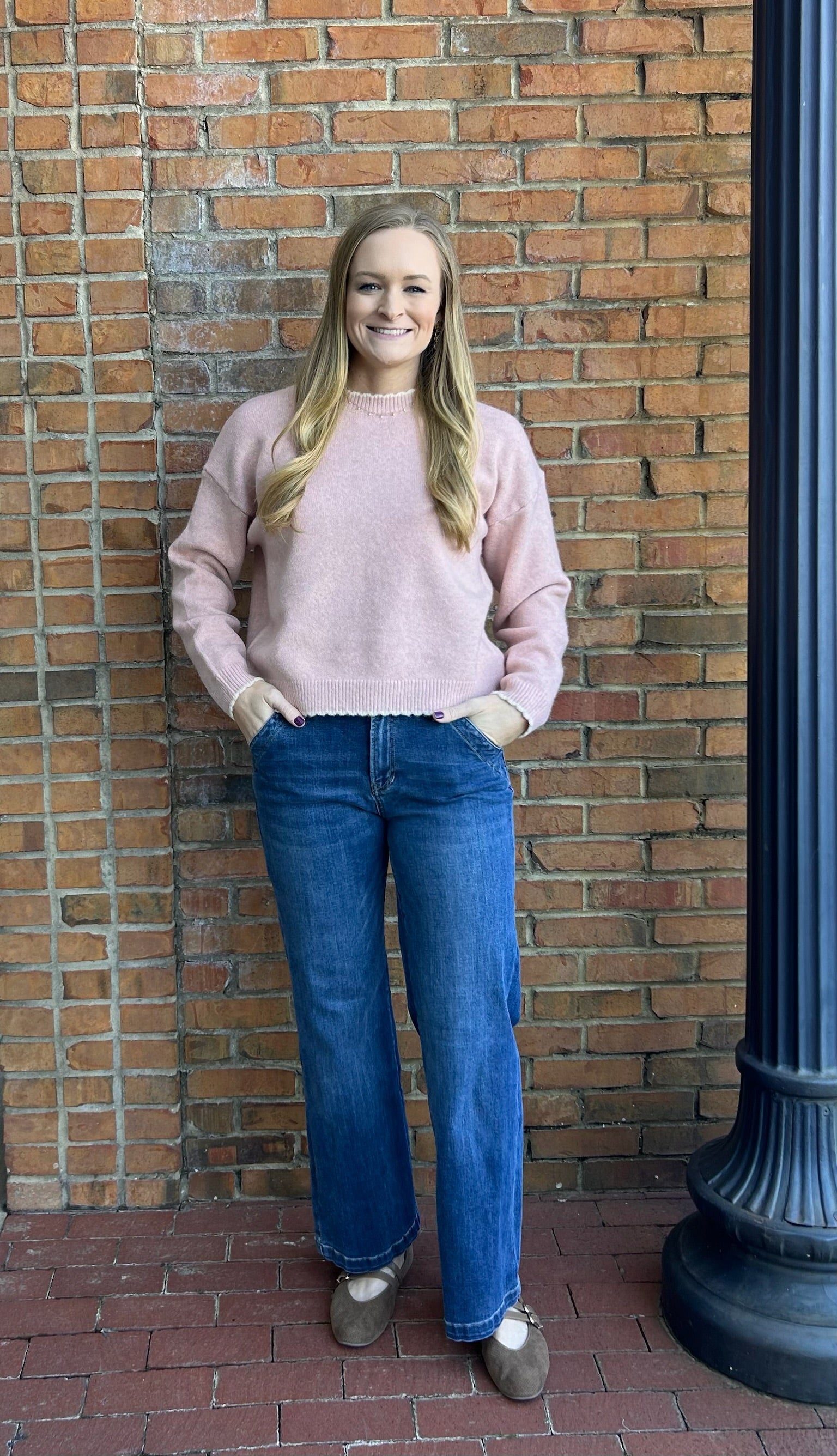 Pink and White Scallop Trim Sweater