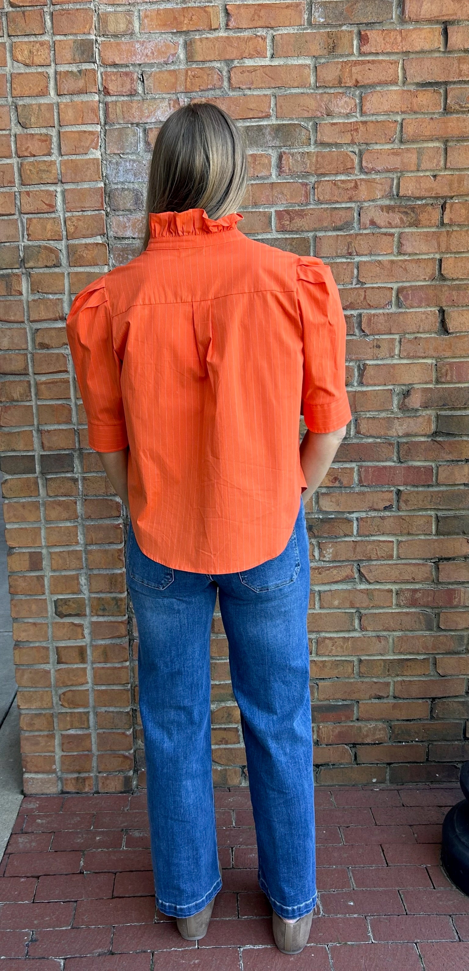 Orange Pinstripe Puff Sleeve Shirt