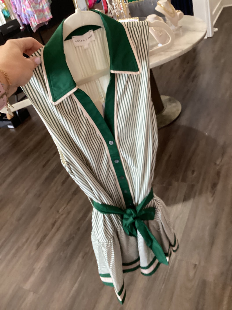 Entro green and cream tie waist dress