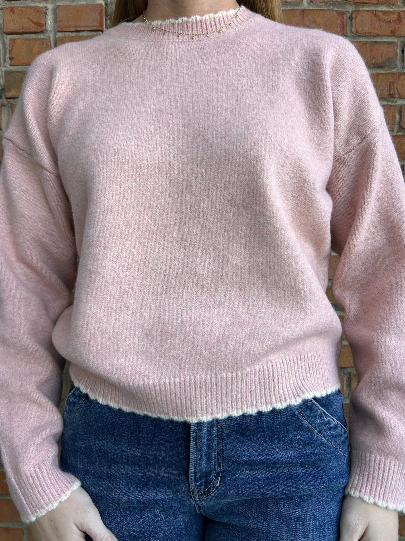 Pink and White Scallop Trim Sweater