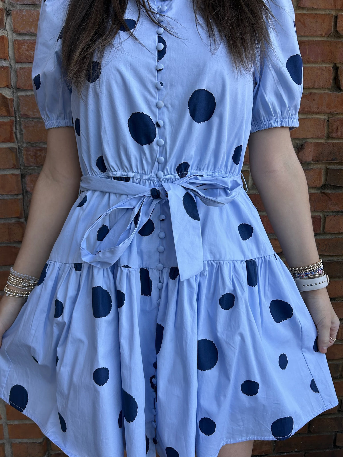 Polka Dot Print Button Down Puff Sleeve Dress