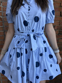 Polka Dot Print Button Down Puff Sleeve Dress