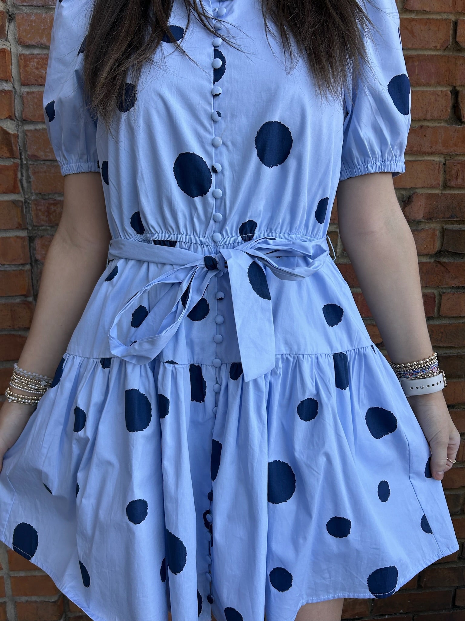 Polka Dot Print Button Down Puff Sleeve Dress