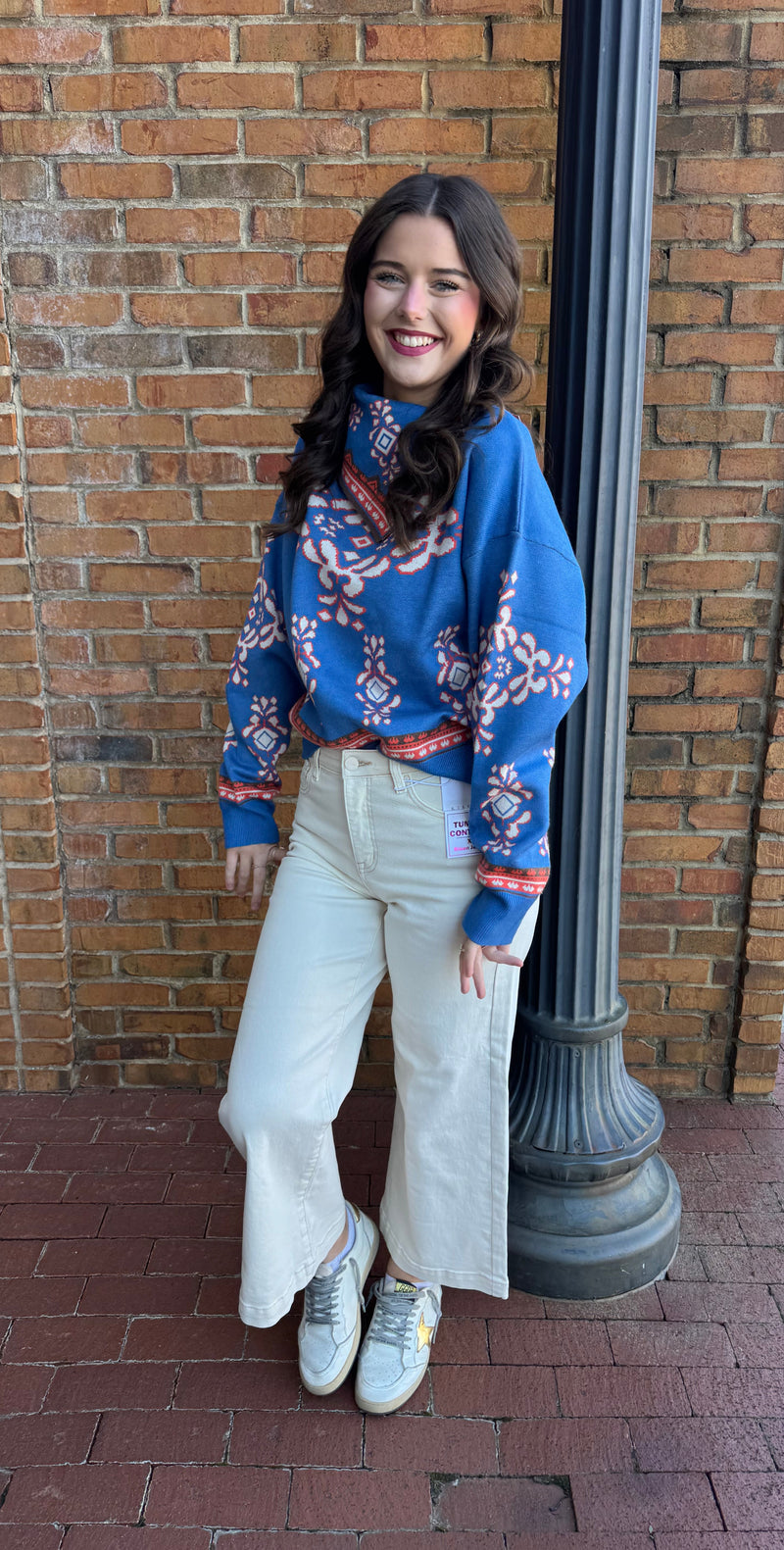 Long Sleeve Print Sweater - Blue and Orange