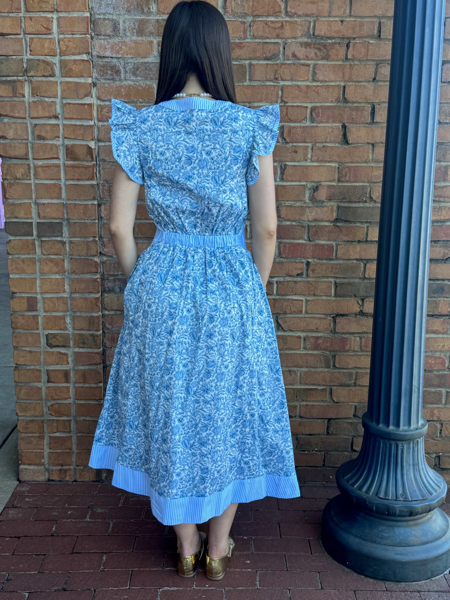 Blue and white floral print dress