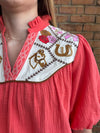 Rodeo Embroidered Puff Sleeve Blouse - Orange