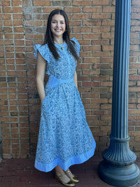 Blue and white floral print dress