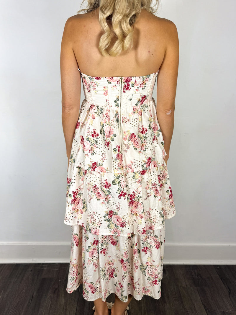 Miss Sweetheart Eyelet Strapless Midi Dress