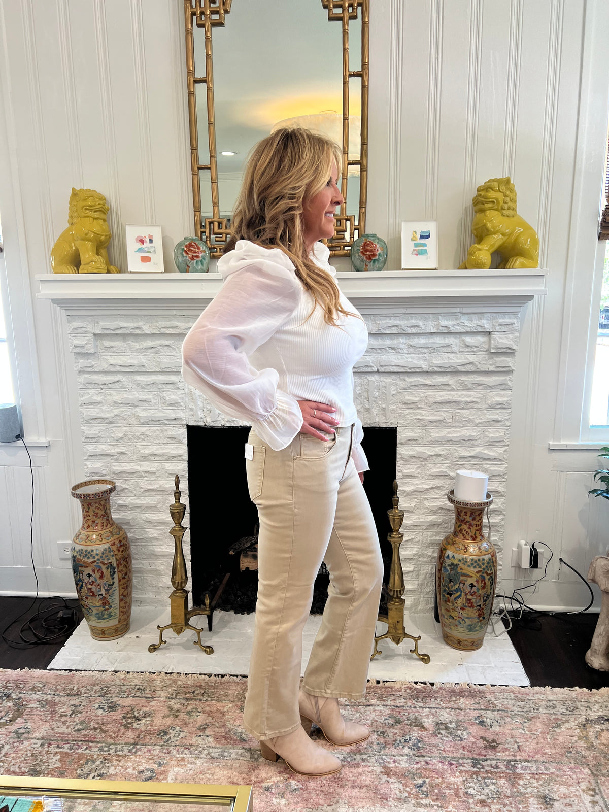 Mid Rise Distressed Denim-Sand