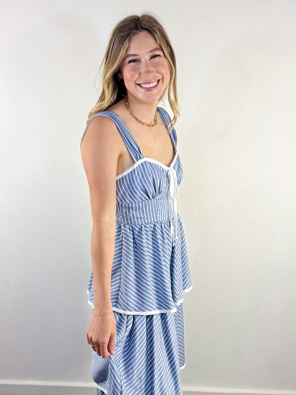 avery striped midi dress Avery Pleated Stripe Midi Dress XS / Oatmeal Stripe