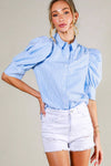 Blue Pinstriped Puffed Sleeve Blouse