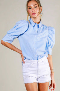 Blue Pinstriped Puffed Sleeve Blouse