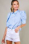 Blue Pinstriped Puffed Sleeve Blouse