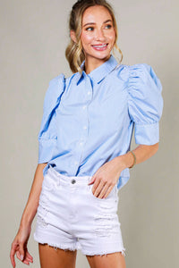 Blue Pinstriped Puffed Sleeve Blouse
