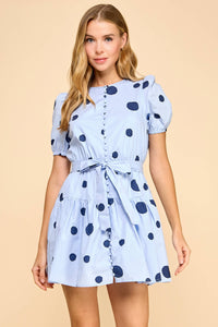 Polka Dot Print Button Down Puff Sleeve Dress