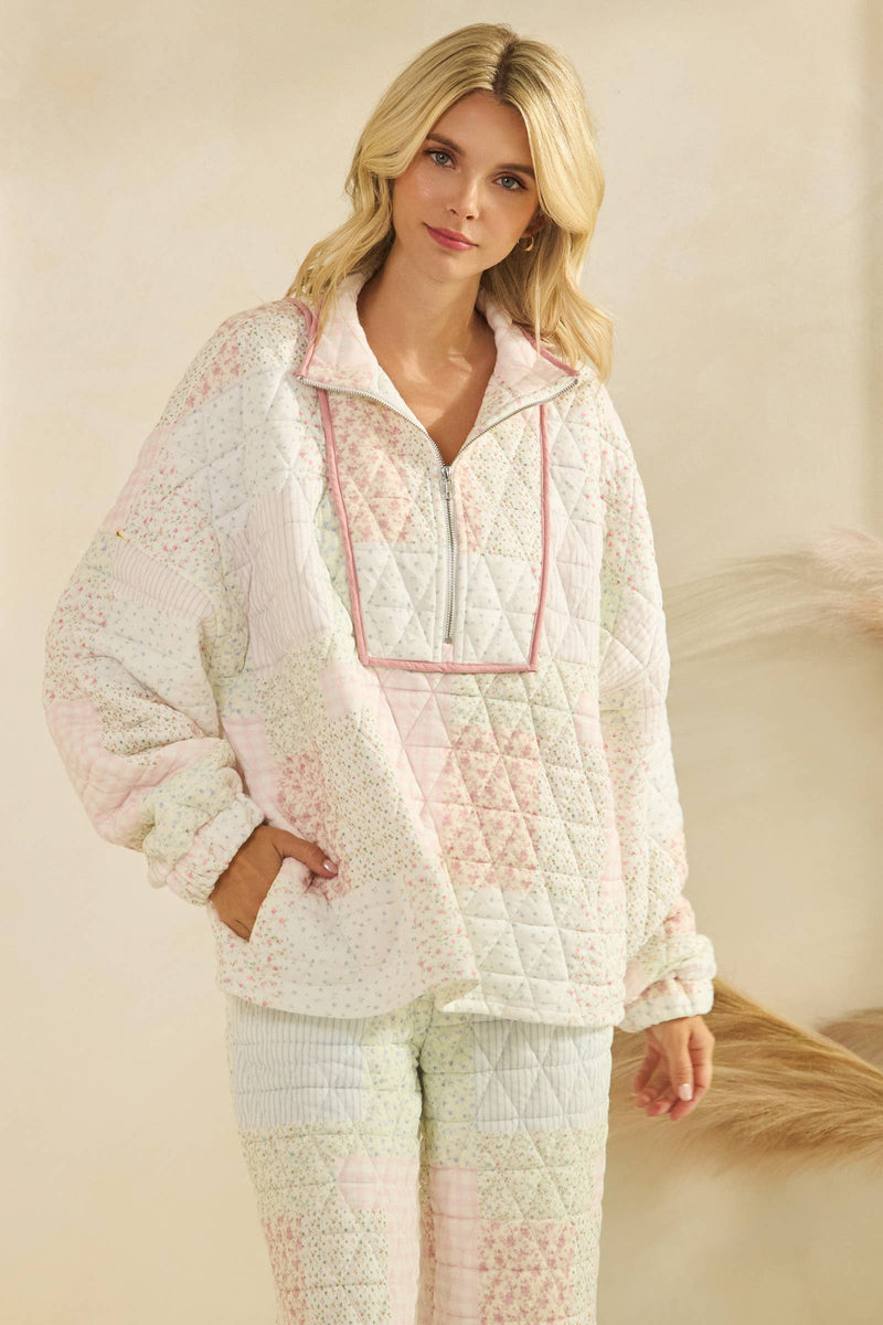 Pink and cream quilted hoodie